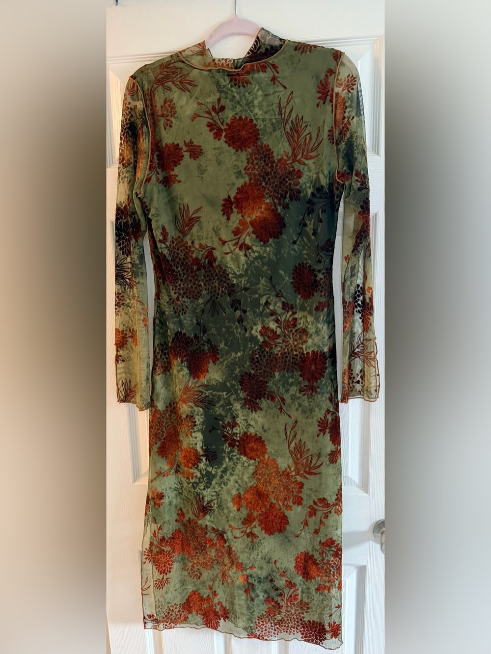Disturbia Olive & Rust Floral Velour & Mesh Long Sleeve Dress - Picture 2 of 4